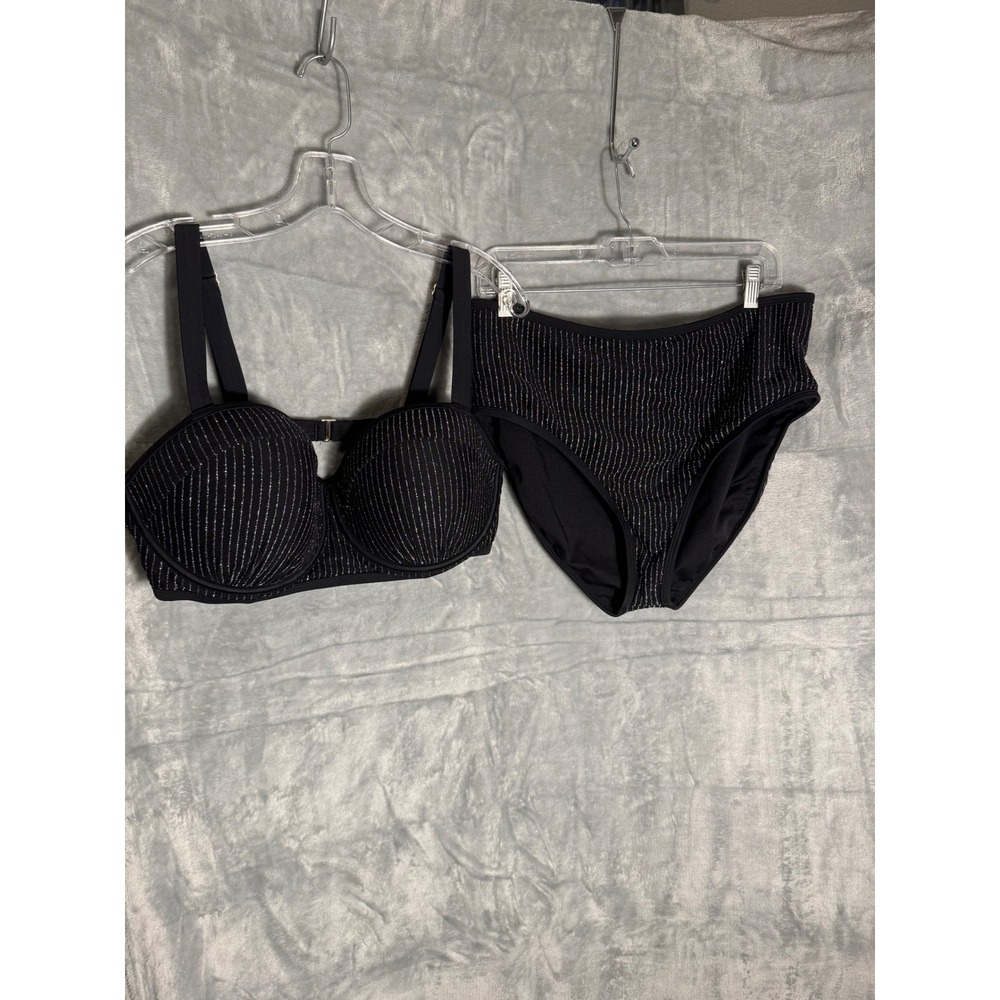 Gabi Fresh plus size XXL‎ Black Silver Metallic Striped High Waisted Bikini Set